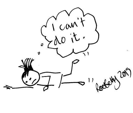 Cartoon drawing of a girl throiwing herself to the floor with a thought cloud saying "I can't do it" by Roo Betty