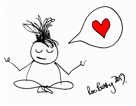 Black ink drawing of a girl seated in a yoga pose of lotus with a speech bubble and a heart in the speech bubble.  Drawn by Roo Betty 