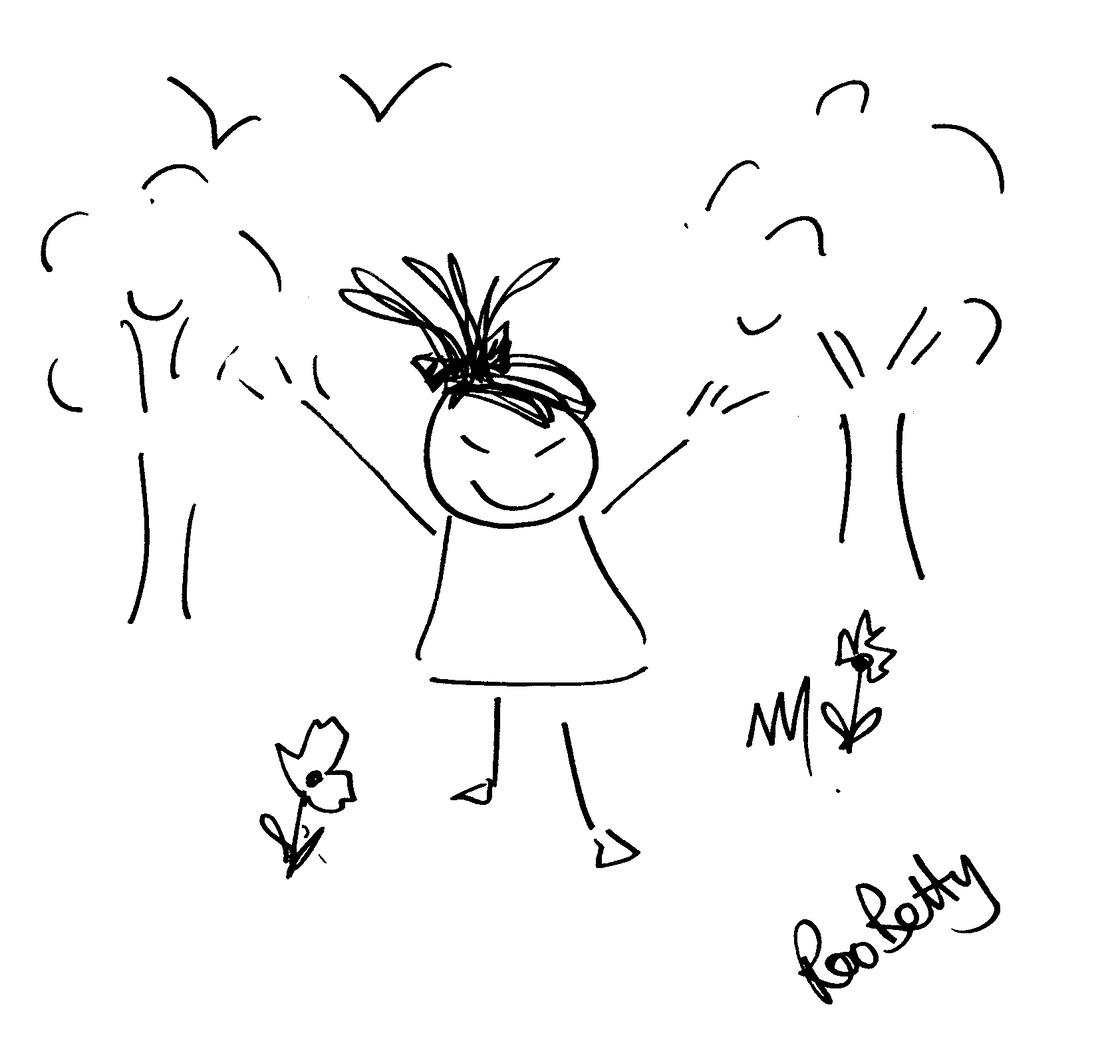 Roo Betty black line cartoon of a girl with her arms above her head a big smile with trees and flowers about her.
