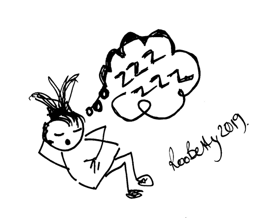 hand drawn sleeping girl in black pen with though cloud of zzzz's by artist and brand Roo Betty 