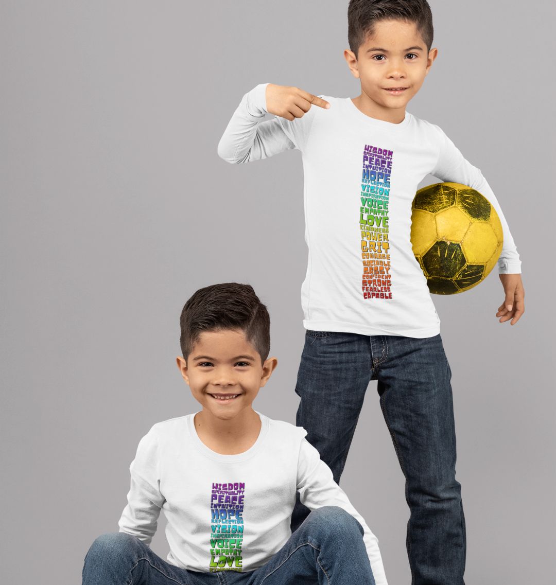 Young models wears white long sleeve t-shirts with the Rainbow Chakra Word design from Roo Betty