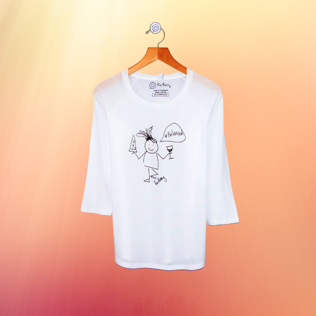 Roo Betty Cartoon T-shirt - #balanced a cartoon girl in tree pose holding a glass of wine and a slice of pizza