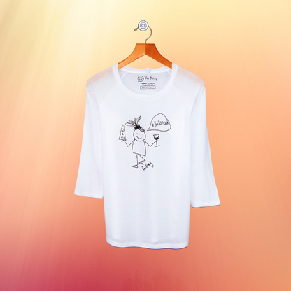 Roo Betty Cartoon T-shirt - #balanced a cartoon girl in tree pose holding a glass of wine and a slice of pizza