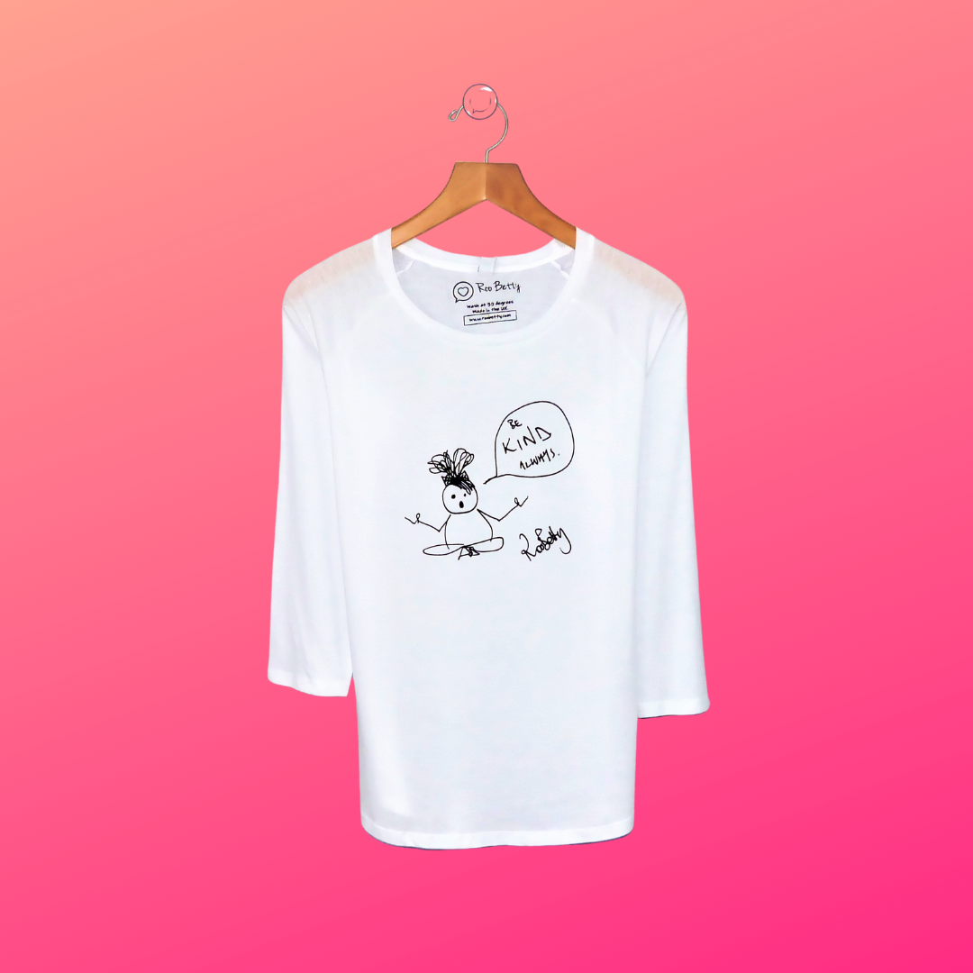 3/4 sleeve t-shirt with Roo Betty cartoon girl and speech bubble that says Be Kind Always