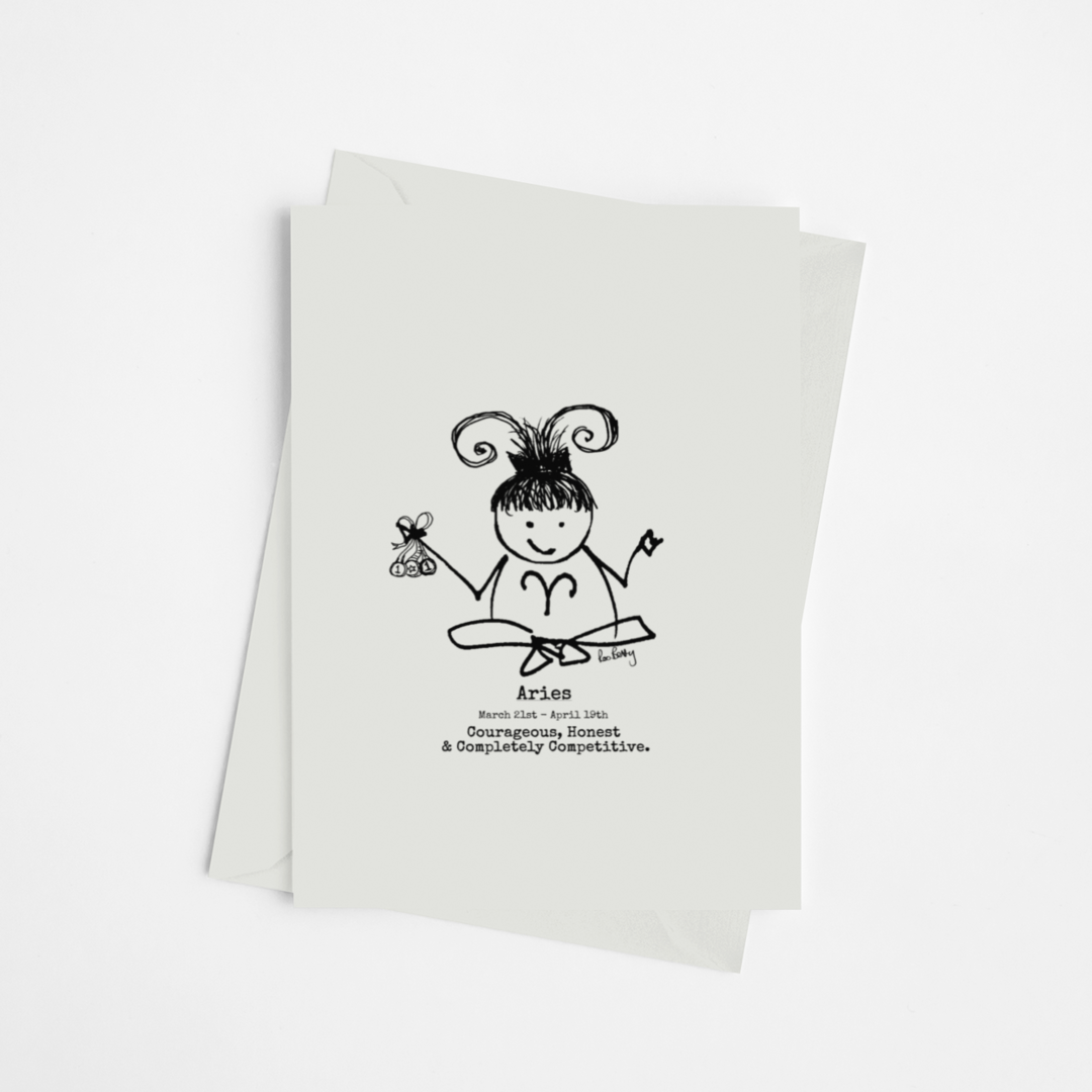 the Roo Betty cartoon girl for the zodiac sign Aries printed on luxury card with a self seal envelope printed in the UK by a carbon neutral printer