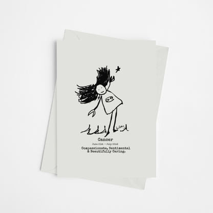 the Roo Betty cartoon girl for the zodiac sign Cancer printed on luxury card with a self seal envelope printed in the UK by a carbon neutral printer   