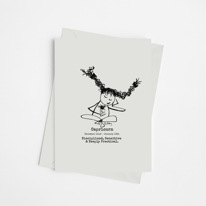 the Roo Betty cartoon girl for the zodiac sign Capricorn printed on luxury card with a self seal envelope printed in the UK by a carbon neutral printer 