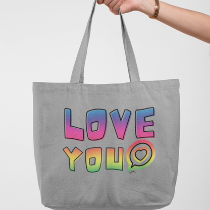 Large grey tote bag with the words LOVE YOU in pastel rainbow vinyl to the front 