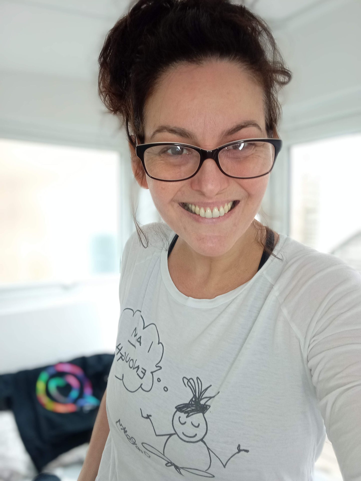 Ruth from Roo Betty wears Tencel Organic cotton blend cartoon t-shirt with 3/4 length sleeves 