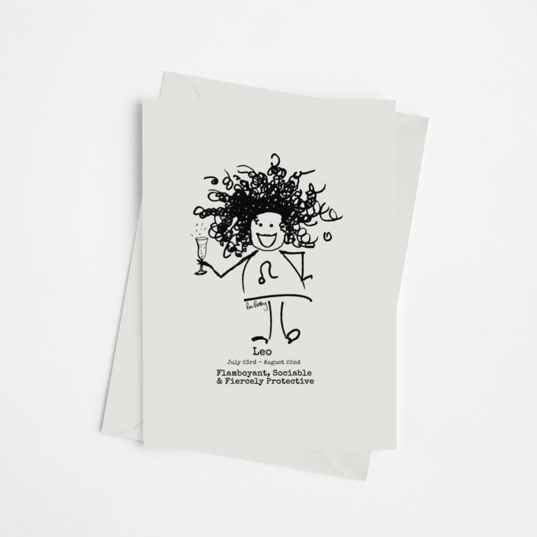 the Roo Betty cartoon girl for the zodiac sign Leo printed on luxury card with a self seal envelope printed in the UK by a carbon neutral printer 