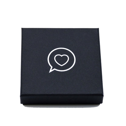 Black bracelet gift box with white foil inlay of the Roo Betty logo a Heart in a speech bubble 