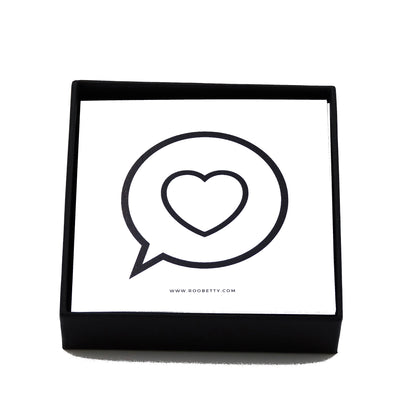 Each braclet comes present in a black gift box with instruction cards for the bracelet and the car instructions.  White cards with the roo betty logo of a heart in a speech bubble 