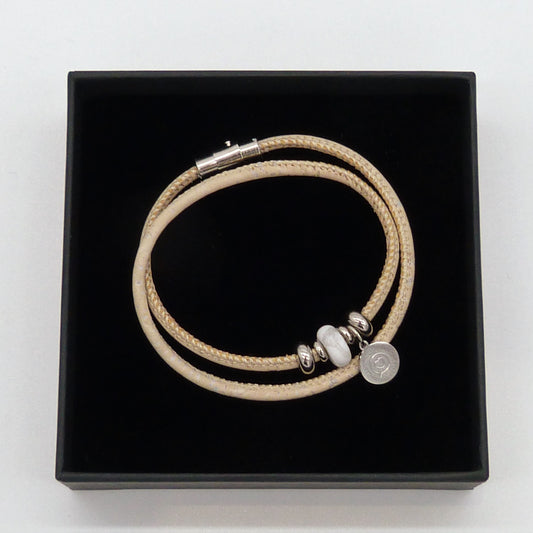 White cork double wrap bracelet with Howlite gemstone and stainless steel magnetic locking clasp in a black gift box 