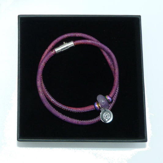 Purple cork double wrap bracelet with Amethyst gemston and Roo Betty Logo tag with magnetic stainless steel clasp 