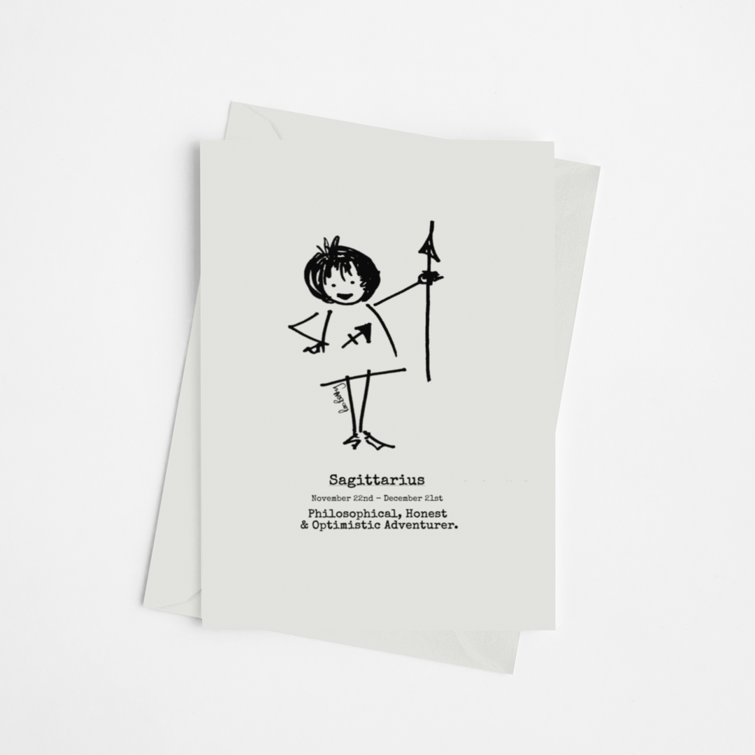 the Roo Betty cartoon girl for the zodiac sign Sagittarius printed on luxury card with a self seal envelope printed in the UK by a carbon neutral printer 