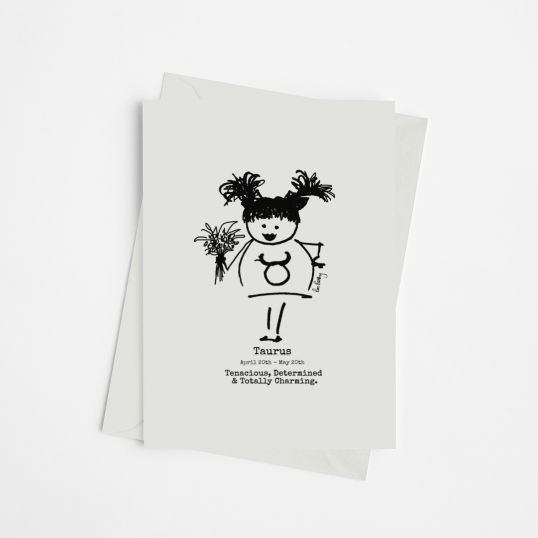 the Roo Betty cartoon girl for the zodiac sign Taurus printed on luxury card with a self seal envelope printed in the UK by a carbon neutral printer  