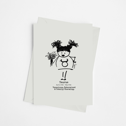 the Roo Betty cartoon girl for the zodiac sign Taurus printed on luxury card with a self seal envelope printed in the UK by a carbon neutral printer  