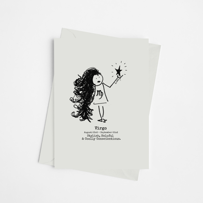 the Roo Betty cartoon girl for the zodiac sign Virgo printed on luxury card with a self seal envelope printed in the UK by a carbon neutral printer   
