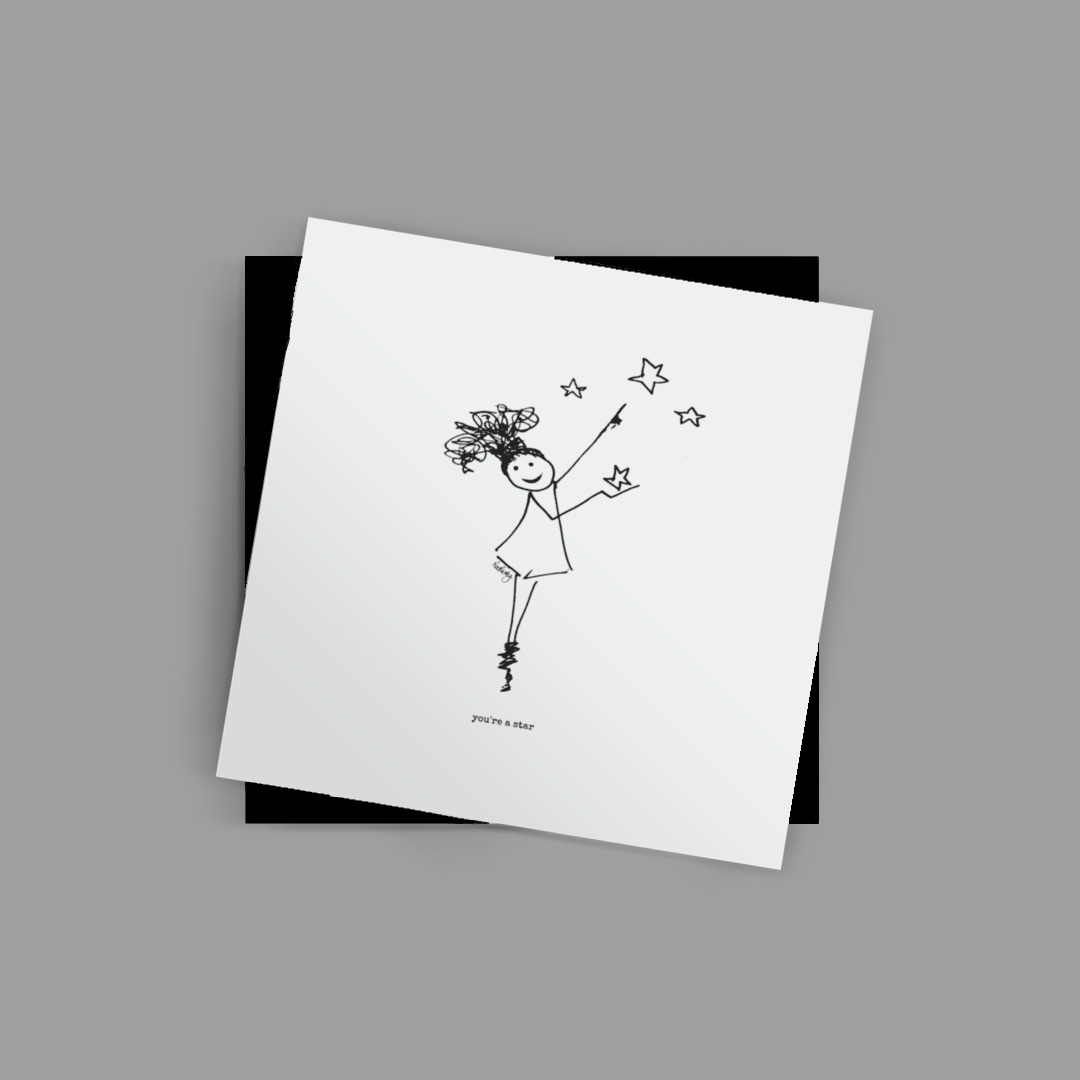 The Roo Betty Cartoon You're a star Notelet and Black peel and seal envelope - printed on high quality card in the UK 