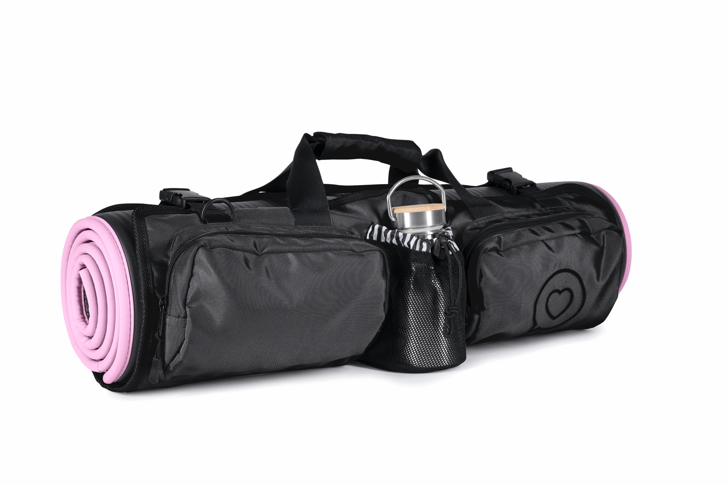 The Roo betty Orla Yoga Mat bag has sppace for your drinks bottle and two small zipped pouch pockets for your yoga strap and socks 
