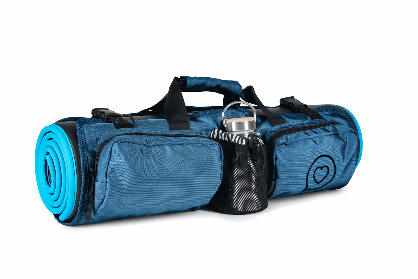 The Roo Betty Orla Yoga Mat bag with a compartment for drinks bottle and two zipped compartments for yoga strap and socks