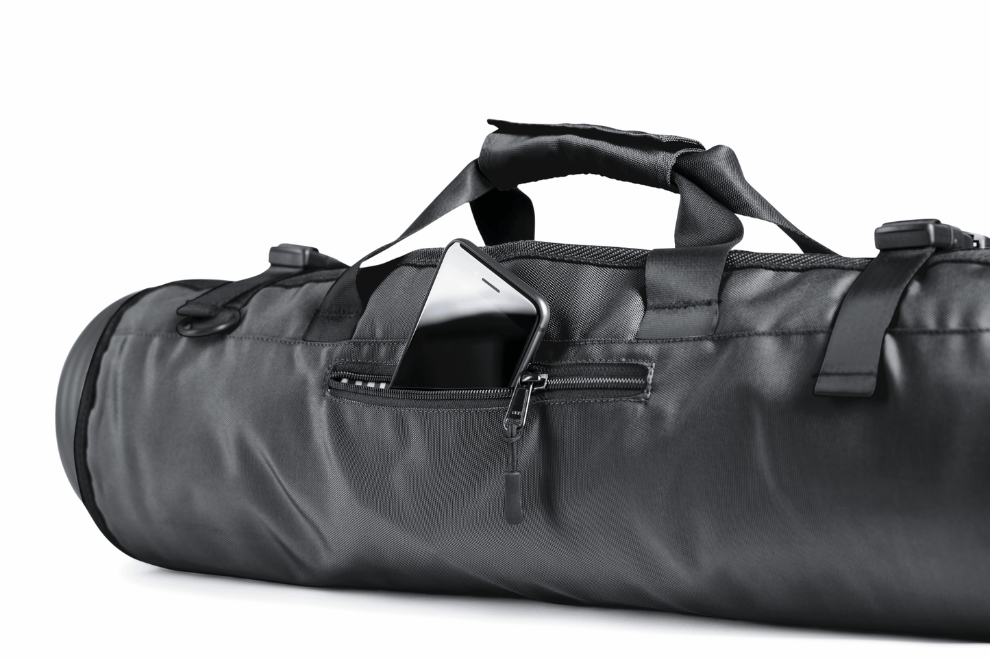 The Roo betty Orla Yoga Mat bag has a zipped compartment for your  mobile phone 