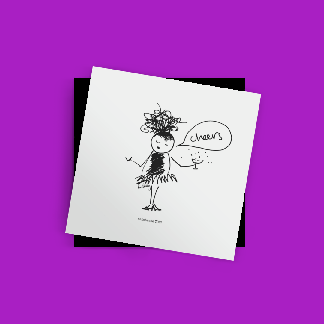 The Roo Betty Cartoon Notelet with Black peel and seal envelope  Celebrate You to remind you to celebrate your achievements 