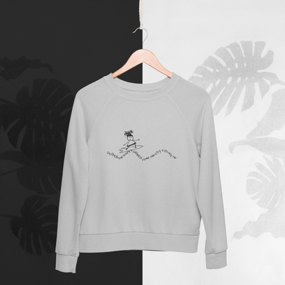 grey sweatshirt with the cartoon inspired by the quote from Jon Kabat Zinn - You can't beat the waves but you can learn to surf - mental wellbeing