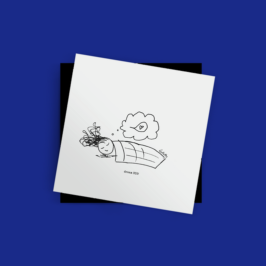 The Roo betty Cartoon Notelet  with black peel and seal envelope .Dream big a black ink drawing of a girl sleeping with a dream cloud above her head  printed on luxury card in the UK