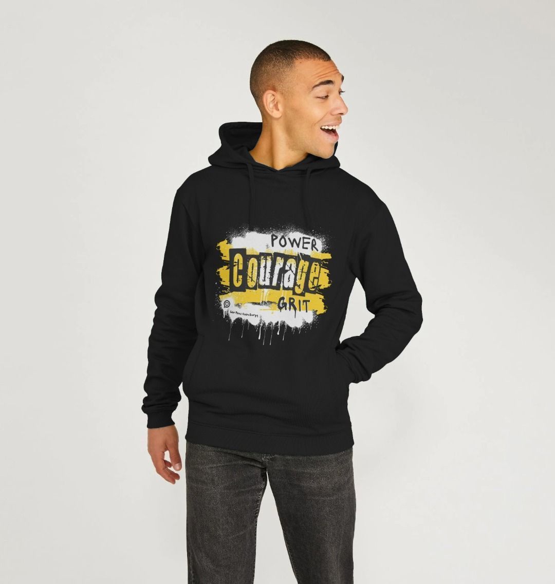 Male model wears black hooded sweatshirt with the words Power, Courage Grit, in a bold Yellow and punk inspired design 