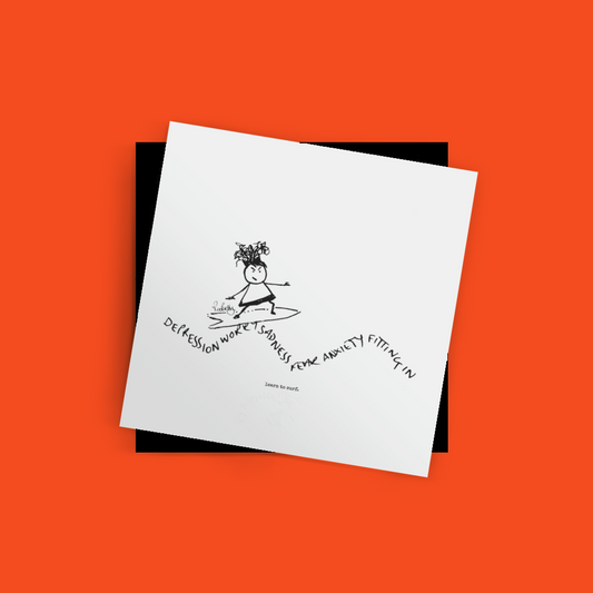 The Roo betty Cartoon Notelet and black envelope . The cartoon depicts a hand drawn girl riding a wave of words on a surfboard Learn to surf printed on quality card 