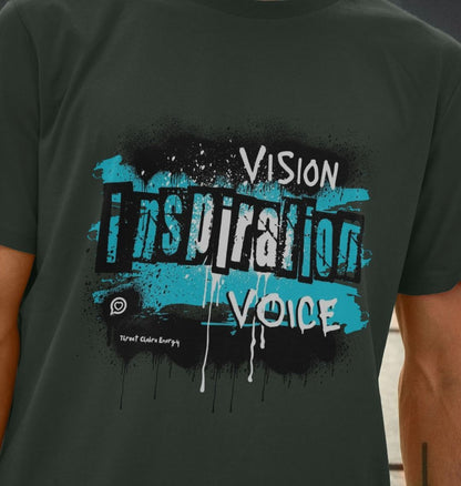 Close up of grey unisex t-shirt with the words vision, inspiration, voice to the front 