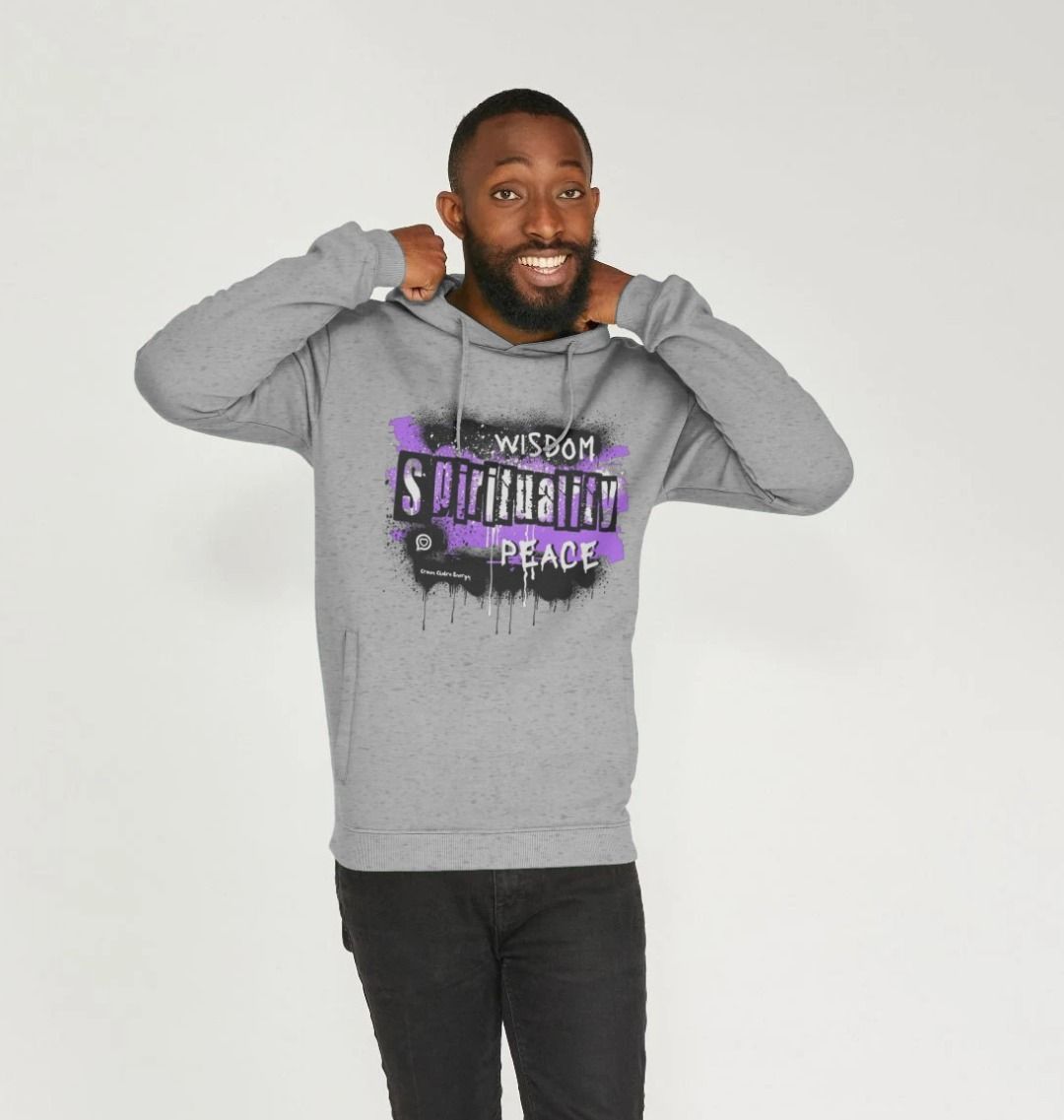 male model wears grey hooded sweatshirt with the crown chakra energy design in bright violet 