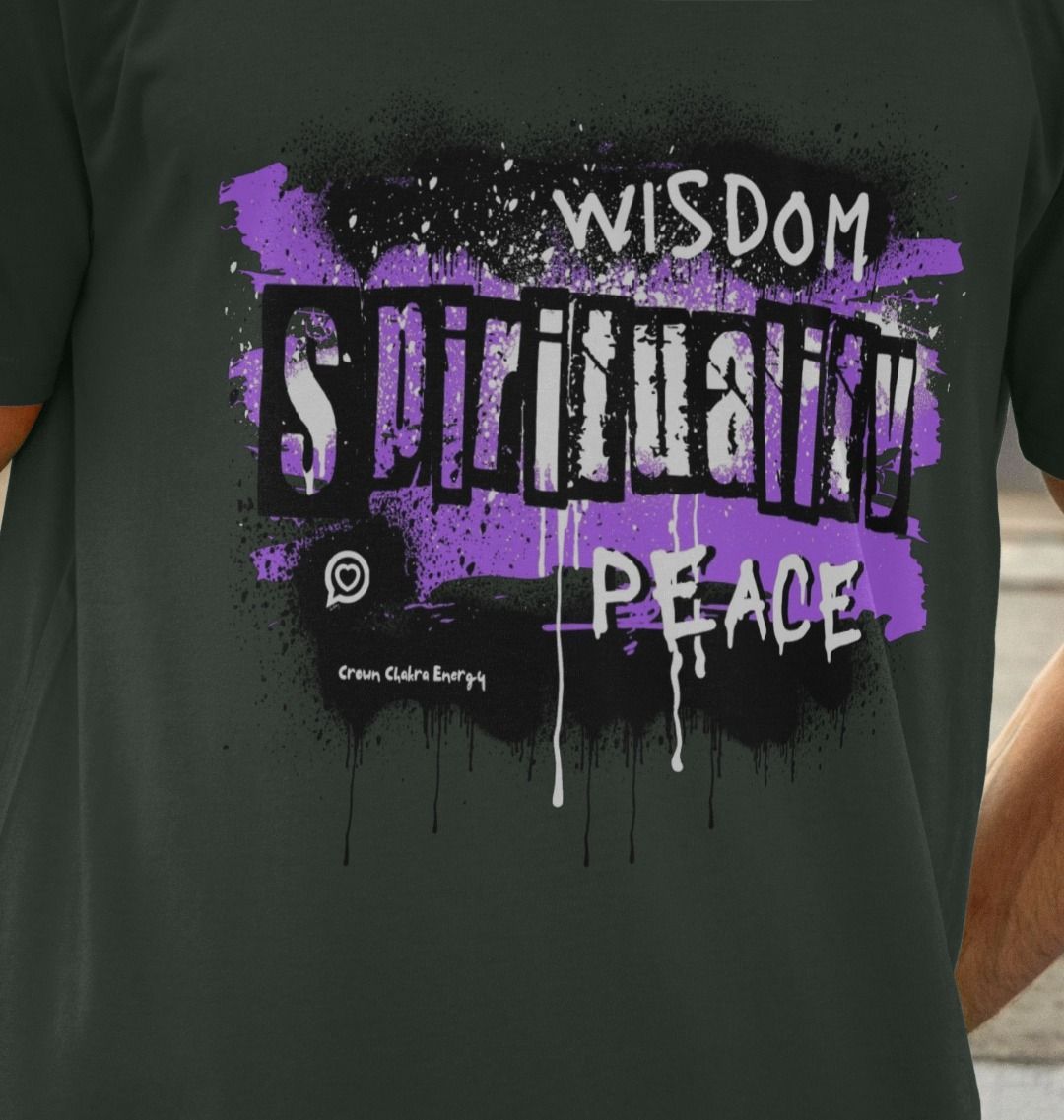 close up photo of the dark grey unisex t0-shirt in the crown chakra violet design with the words wisdom spirituality peace in a bold font 