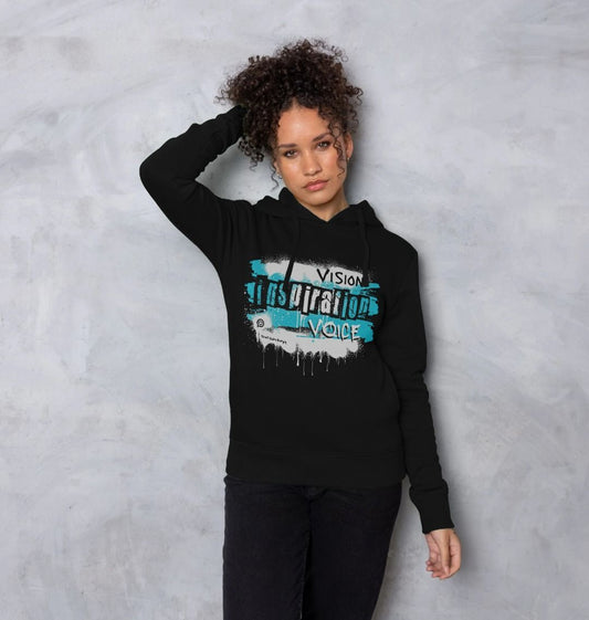 female model wears black hooded sweatshirt with the throat chakra energy design in turquoise with the words vision inspiration voice 