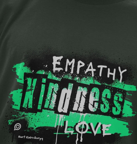 close up phot of the grey unisex t-shirt from the words to empower collection in the heart chakra green design  